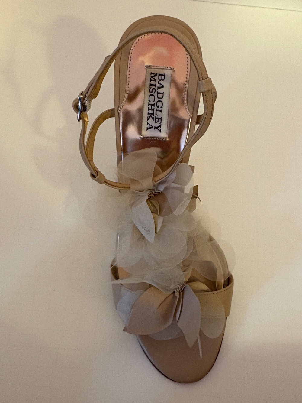 Badgley Mischka Cissy Bridal Ankle-Strap Heeled Sandal in Taupe w/ Floral Tulle